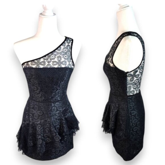 Jill Stuart One-Shoulder Lace Ruffle Peplum Mini Dress Black Size 8 - Picture 1 of 17